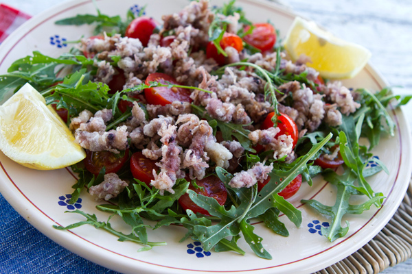Fried Baby Squid {Calamaretti Fritti} with Arugula & Tomatoes