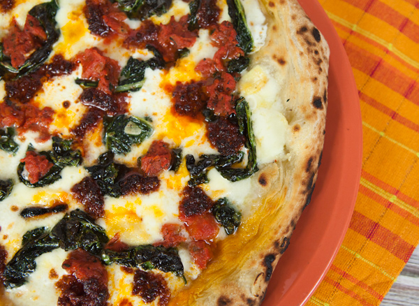 Pizza With Tuscan Kale, Nduja, Tomatoes, & Robiola Cheese