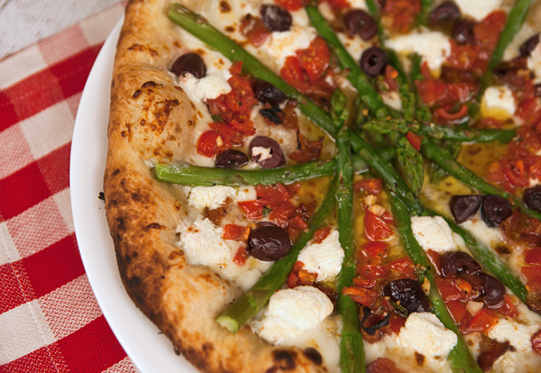 Whole Wheat Pizza With Goat Cheese, Asparagus, Tomatoes & Olives