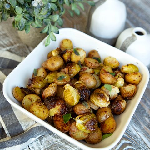 Roasted Baby Potatoes With Brussels Sprouts, Pancetta, & Balsamic Drizzle