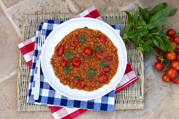 Three Tomato Farrotto With Basil Pesto