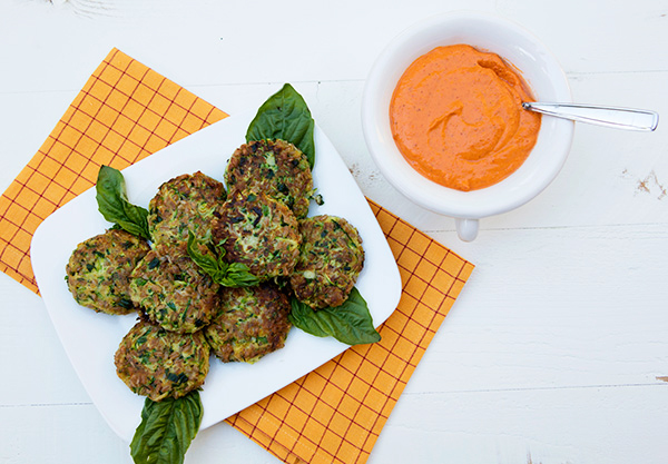 Farro Zucchini Cakes With Roasted Red Pepper Sauce