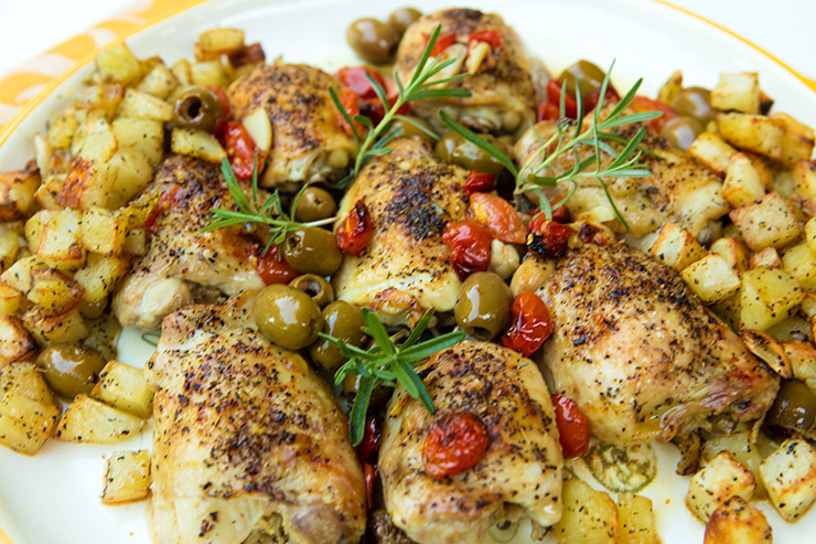 Roast Chicken Thighs with Olives, Tomatoes, & Potatoes