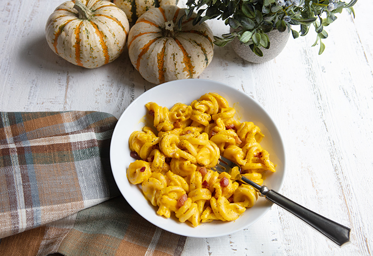 Pasta With Creamy Goat Cheese, Butternut Squash Sauce & Bacon