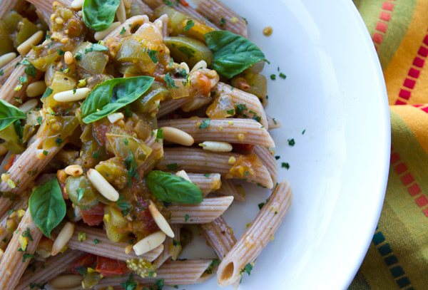Pasta With End Of Harvest Roasted Green Tomato Sauce