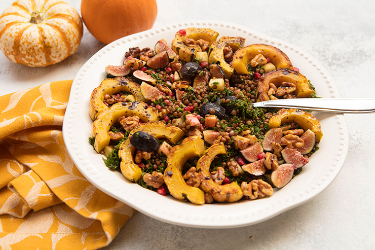 Harvest Lentil Salad With Kale, Delicate Squash, Apples, Pomegranate, & Walnuts