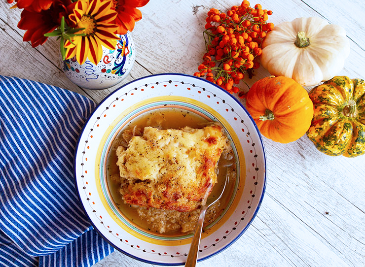 Baked Layered Onion, Bread, & Cheese Soup