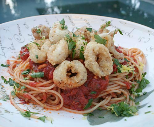 Spaghetti With Spicy Tomato Sauce & Fried Calamari