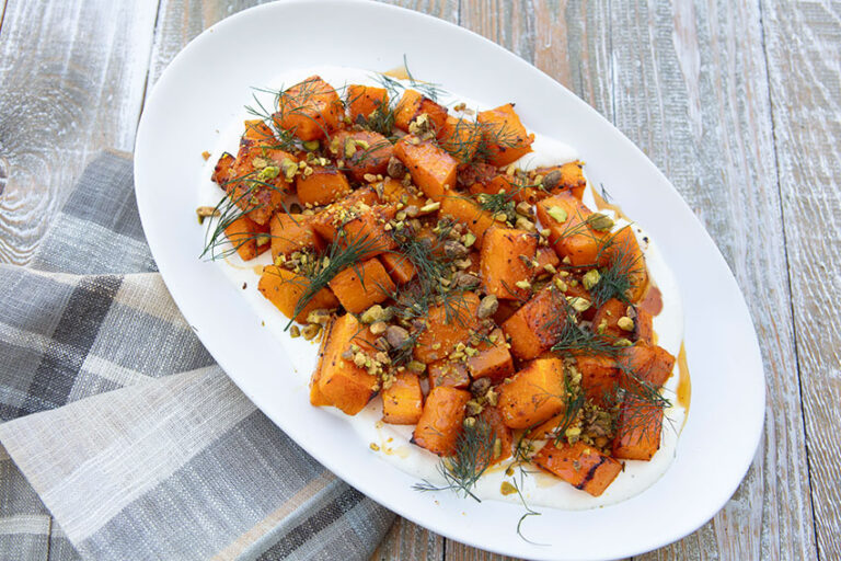 Roasted Squash With Whipped Feta, Pistachios, and Hot Honey